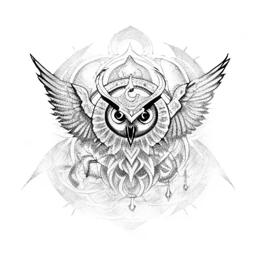 magic staff, aura, pentagram, owl, ram, aries, epi, red eyes. tattoo design idea