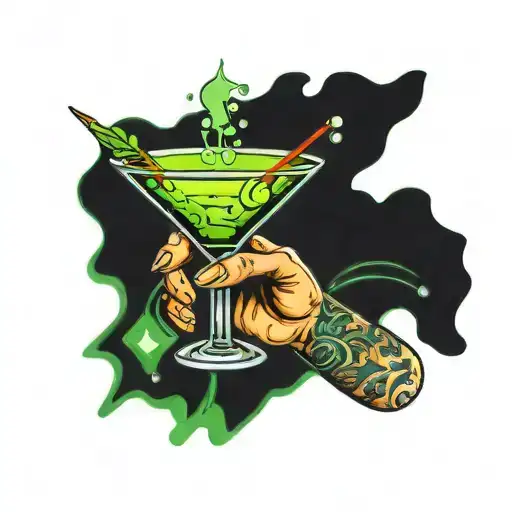 hand holding martini glass with green light behind tattoo design idea