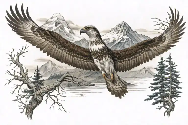 osprey, ocean, mountains, deer, wilderness tattoo design idea