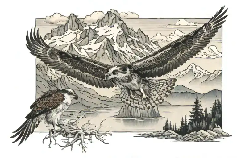 osprey, ocean, mountains, deer tattoo design idea