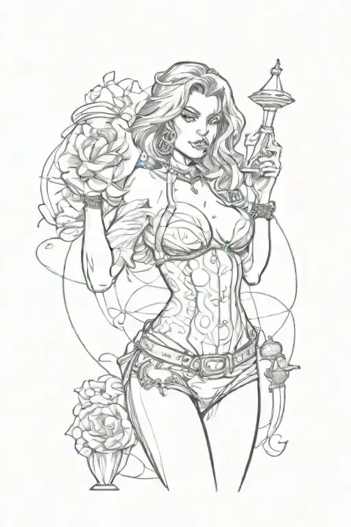 A  sexy female with a hour glass shape body that have on a slutty bikini that’s revealing her nipples and big juicy boot tattoo design idea