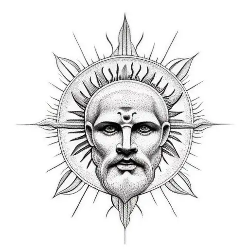 sun with greek god face tattoo design idea