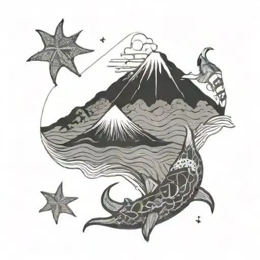 Agung volcano, with waves, sunset, a turlte and starfish, black and grey, fine line art, delicate tattoo design idea