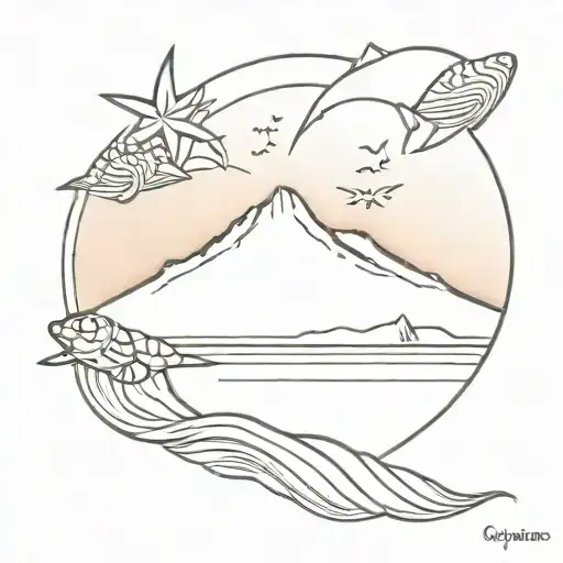 Agung volcano with sunset, turtle, waves, starfish tattoo design idea