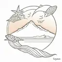 Agung volcano with sunset, turtle, waves, starfish tattoo design idea