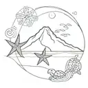 Agung volcano with sunset, turtle, waves, starfish tattoo design idea