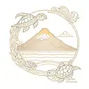 Agung volcano with sunset, turtle, waves, starfish tattoo design idea