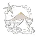 Agung volcano with sunset, turtle, waves, starfish tattoo design idea