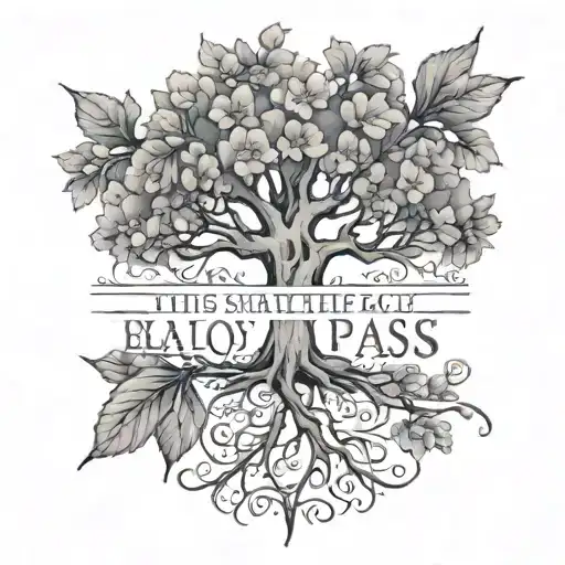 a tree with a few leaves and flowers, some fallen on the ground with a quote this too shall pass tattoo design idea