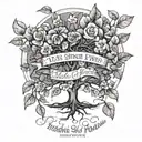a tree with a few leaves and flowers, some fallen on the ground with a quote this too shall pass tattoo design idea