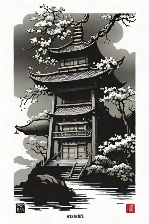 Japanese temple surrounded by cherry blossoms tattoo design idea