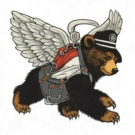 bear wearing conductor overalls with angel wings tattoo design idea
