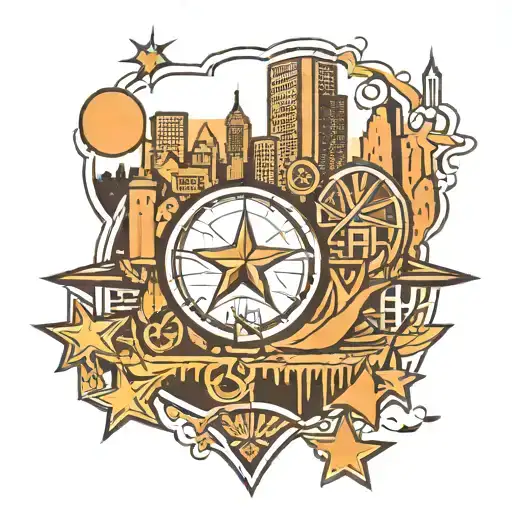 tattoo of San Antonio downtown skyline. Texas state outline, spurs basketball logo and Houston Astros Star.  tattoo design idea