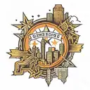 tattoo of San Antonio downtown skyline. Texas state outline, spurs basketball logo and Houston Astros Star.  tattoo design idea