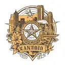 tattoo of San Antonio downtown skyline. Texas state outline, spurs basketball logo and Houston Astros Star.  tattoo design idea