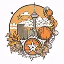 tattoo of San Antonio downtown skyline. Texas state outline, spurs basketball logo and Houston Astros Star.  tattoo design idea