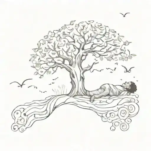A sketch of a person peacefully sleeping under a tree with musical notes floating around, representing your love for sleeping and music tattoo design idea