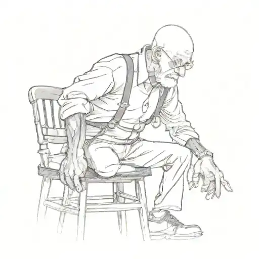 bald grandpa with suspenders sitting on a bar stool with his back toward you tattoo design idea