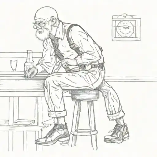 bald grandpa with suspenders sitting on a bar stool facing away from you tattoo design idea