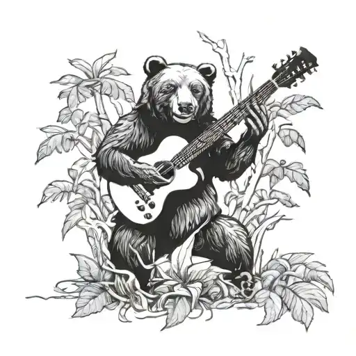 A blackwork tattoo of a powerful bear playing a guitar in a lush jungle, with musical instruments hanging from the trees tattoo design idea