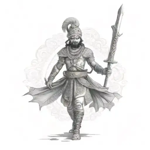 A powerful Rajput warrior wielding a sword with intricate patterns tattoo design idea