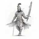 A powerful Rajput warrior wielding a sword with intricate patterns tattoo design idea