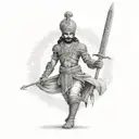 A powerful Rajput warrior wielding a sword with intricate patterns tattoo design idea
