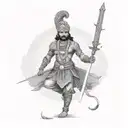 A powerful Rajput warrior wielding a sword with intricate patterns tattoo design idea