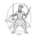 A minimalist design of a Rajput king in battle armor, with a sketch style sword raised high tattoo design idea