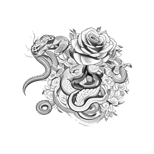 A striking blackwork tattoo of a venomous snake coiled around a bouquet of flowers, with a centipede crawling across the snake's body tattoo design idea