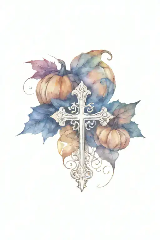 fall leaves, pumpkins, and a cross  tattoo design idea