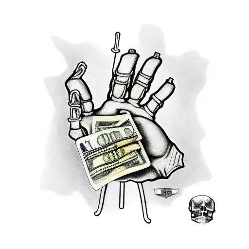 skeleton hand lighting a blunt made out of a a stack of rolled $100 Canadian bills. tattoo design idea