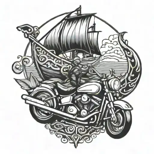 A motorcycle merging with a viking ship, symbolizing strength and adventure tattoo design idea