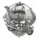 A motorcycle merging with a viking ship, symbolizing strength and adventure tattoo design idea