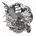 A motorcycle merging with a viking ship, symbolizing strength and adventure tattoo design idea