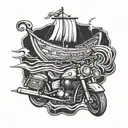 A motorcycle merging with a viking ship, symbolizing strength and adventure tattoo design idea