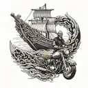 A motorcycle merging with a viking ship, symbolizing strength and adventure tattoo design idea