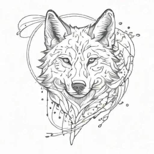 A sketch style tattoo of a wolf surrounded by swirling paint splatters, representing the client's love for painting tattoo design idea