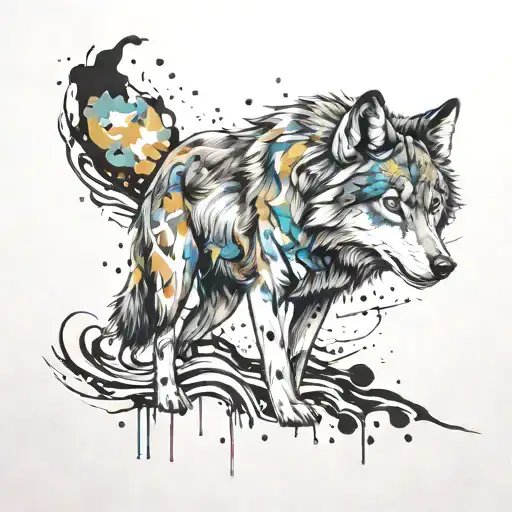 A sketch style tattoo of a wolf surrounded by swirling paint splatters, representing the client's love for painting tattoo design idea