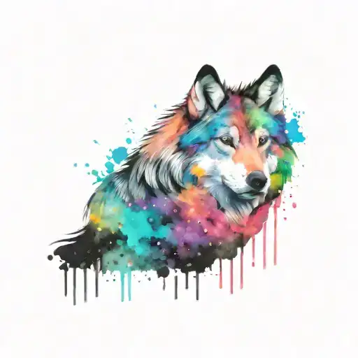 A sketch style tattoo of a wolf surrounded by swirling paint splatters, representing the client's love for painting tattoo design idea