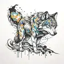 A sketch style tattoo of a wolf surrounded by swirling paint splatters, representing the client's love for painting tattoo design idea