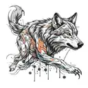 A sketch style tattoo of a wolf surrounded by swirling paint splatters, representing the client's love for painting tattoo design idea
