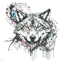 A sketch style tattoo of a wolf surrounded by swirling paint splatters, representing the client's love for painting tattoo design idea