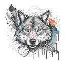 A sketch style tattoo of a wolf surrounded by swirling paint splatters, representing the client's love for painting tattoo design idea