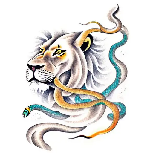 A lion and a snake engaged in a paint battle tattoo design idea