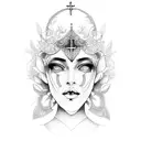 A dotwork design combining elements of fashion and religious symbolism tattoo design idea