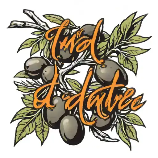 The word “andante” written in calligraphy with an olivetree branch and olives as a small black and white tattoo tattoo design idea