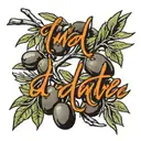 The word “andante” written in calligraphy with an olivetree branch and olives as a small black and white tattoo tattoo design idea