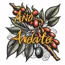 The word “andante” written in calligraphy with an olivetree branch and olives as a small black and white tattoo tattoo design idea
