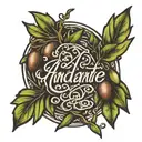 The word “andante” written in calligraphy with an olivetree branch and olives as a small black and white tattoo tattoo design idea